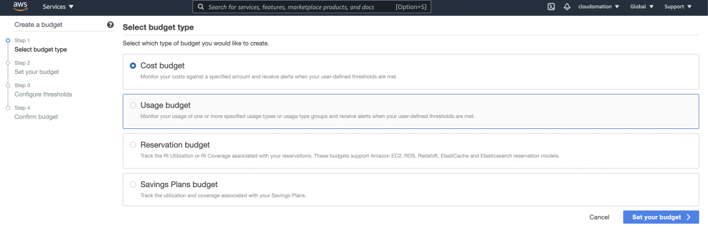 Set AWS Budget type in your AWS Console by Cloudomation