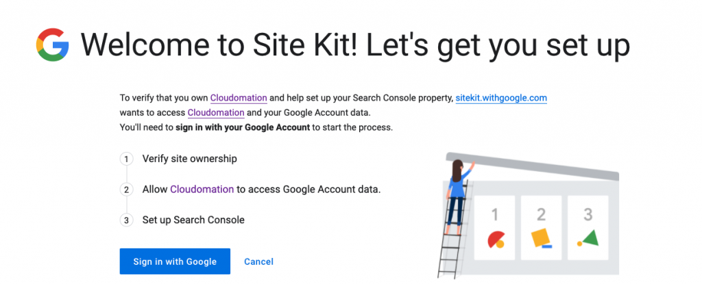Google Site Kit plugin start setup by Cloudomation