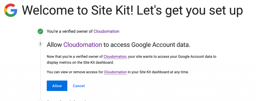 Google Site Kit plugin allow access by Cloudomation