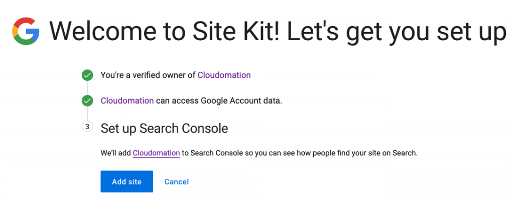 Google Site Kit plugin setup search console by Cloudomation