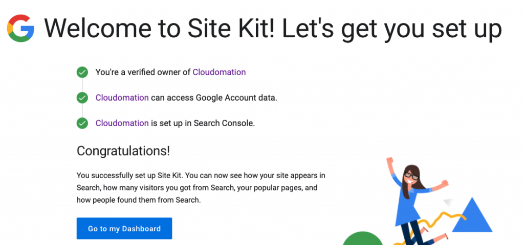 Google Site Kit plugin setup complete by Cloudomation