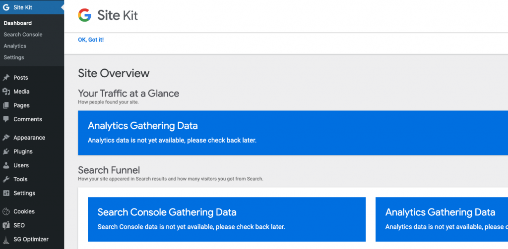 Google Site Kit plugin dashboard by Cloudomation