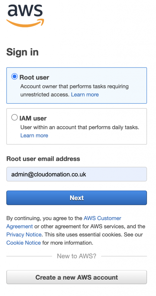 AWS Sign In Page by Cloudomation