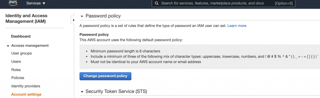 AWS IAM Account Settings Page by Cloudomation