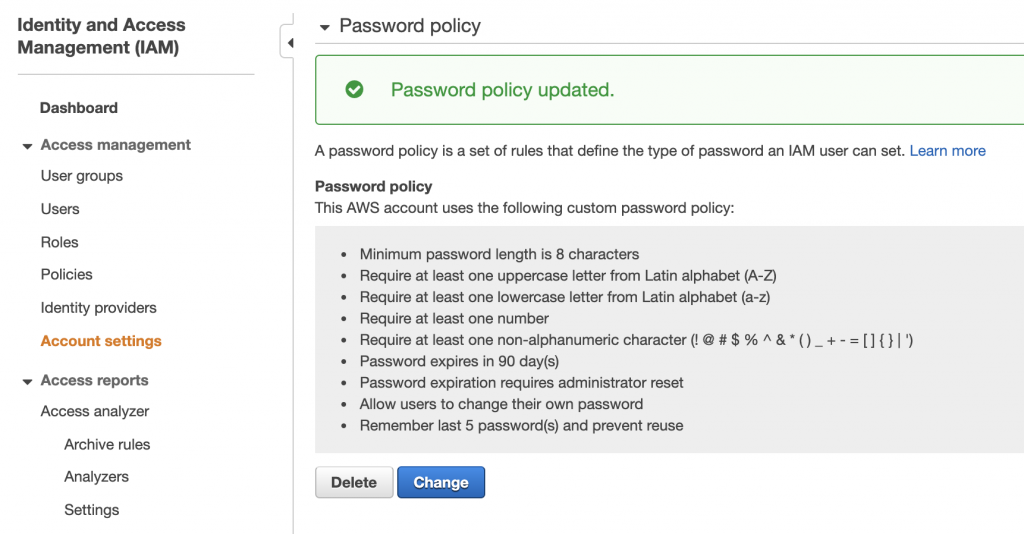 ASW IAM Strong Password Policy Screen by Cloudomation