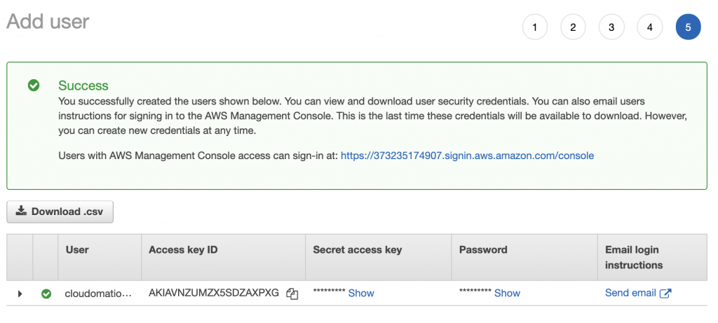 IAM New User Created Screen by Cloudomation